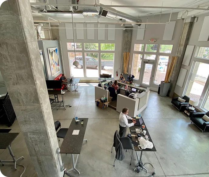 Aerial view of the coworking floor at Cornerstone